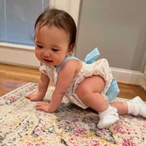 EUC Remember Nguyen Bluebird Floral Kid Romper with Blue Straps 100 %cotton